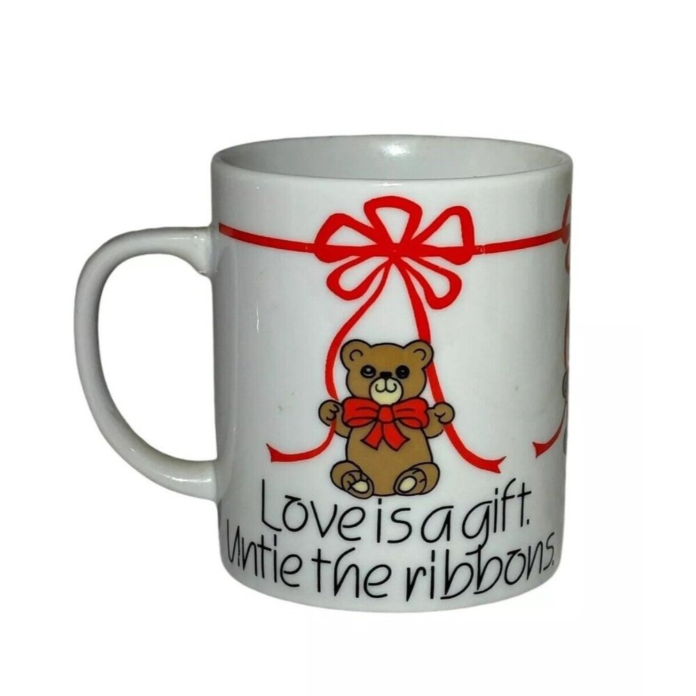 Vintage Message Mug “Love is a Gift" Made in Japan Teddy Bear Ribbons Kitschy ￼